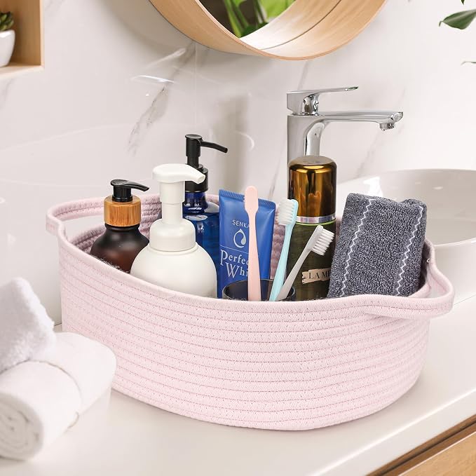 Small Woven Cotton Rope Basket Cute Baby Gift Baskets Empty Decorative Storage for Organizing Shelves Closet Baby Nursery Basket Bin Toy Storage Basket Organizer 13.7"x10.2"x5" Pink Easter