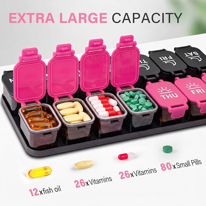 Yaklim Extra Large Weekly Pill Organizer, Detachable 7 Day AM PM Pill Box | XXL 14 Detachable AM PM Compartments；For Big Vitamins & Supplements； Easy to Open & Fill； Waterproof Seals； Easy Readability