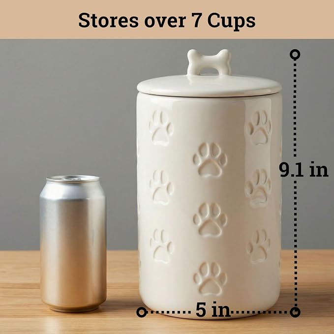 Dog Treat Container Airtight, 5"W x 9"H, Ceramic 7 Cups Big Treats Canister | Sturdy Durable Ceramic, Airtight Ceramic Lid, Fits All Popular Treats, Food Safe, Cute all-over Paw Prints and Bone Handle
