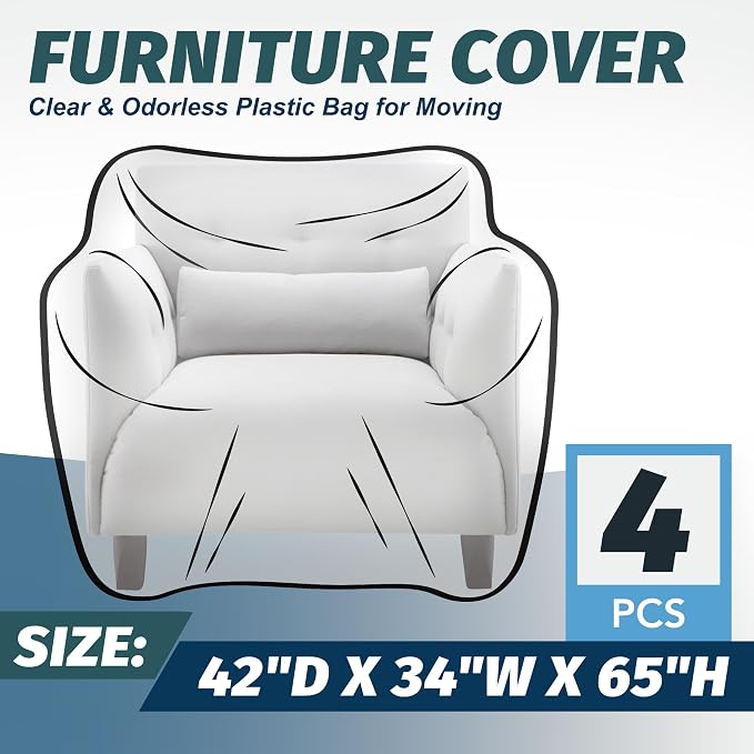 4 Pack Clear Plastic Moving Chair Furniture Covers for Storage | Extra Large 65x 42 x 34 Inch, Waterproof and Dust Proof With Label For Storage and Moving