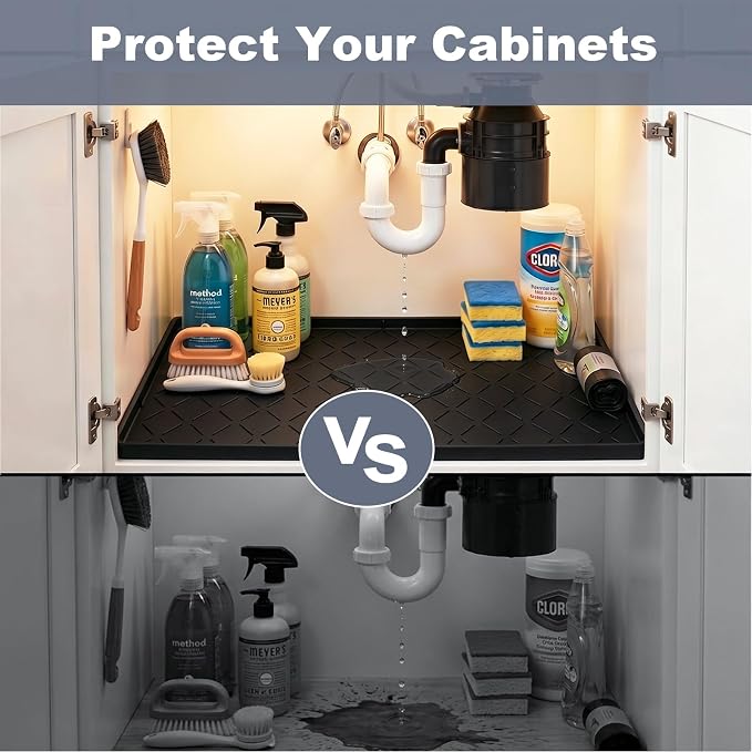 Extra Thick Under Sink Mat Waterproof with Raised Edge 19" x 22" | Silicone Multipurpose Mat for Kitchen, Bathroom, Pet Feeding, Shelf Protection & Organization, Boot & Plant Tray