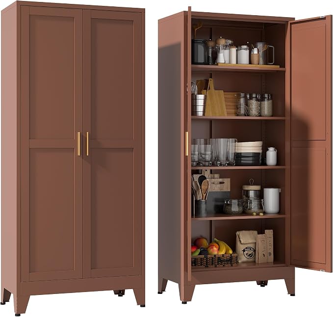 YAUWOH 71''Metal Cabinet with 4 Adjustable Shelves,5-Tier Pantry Storage Cabinet,Kitchen Pantry Cabinet for Living Room,Dining Room(1PC,Brown)
