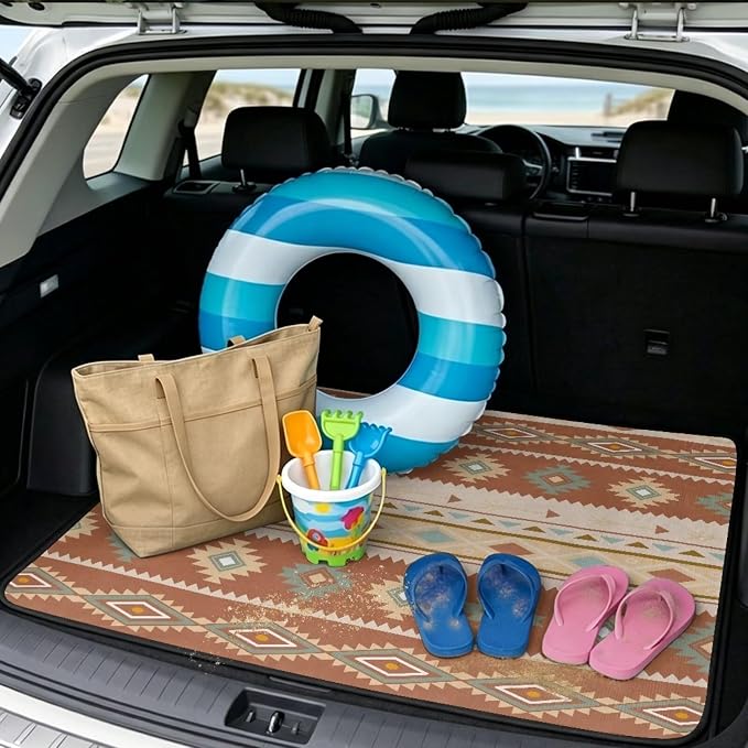 Howilath All Weather Car Trunk Liner Non-Slip Western Aztec Geometric Rear Trunk Protection Polyester Carpet Liner Premium Polyester for SUV Truck Sedan