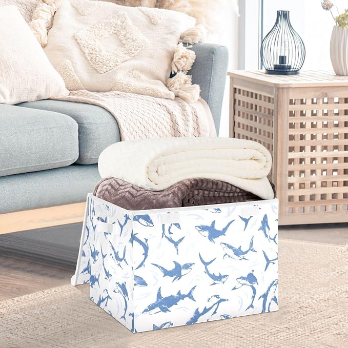 Fish Ocean Fabric Storage Bins with Lid Foldable Storage Boxes 40L Baskets | Decorative Storage Boxes, 300D Oxford Cloth, Hollow Board Frame, Flip Top Velcro Lid, 16.5x12.6x11.8 inch, Collapsible Design