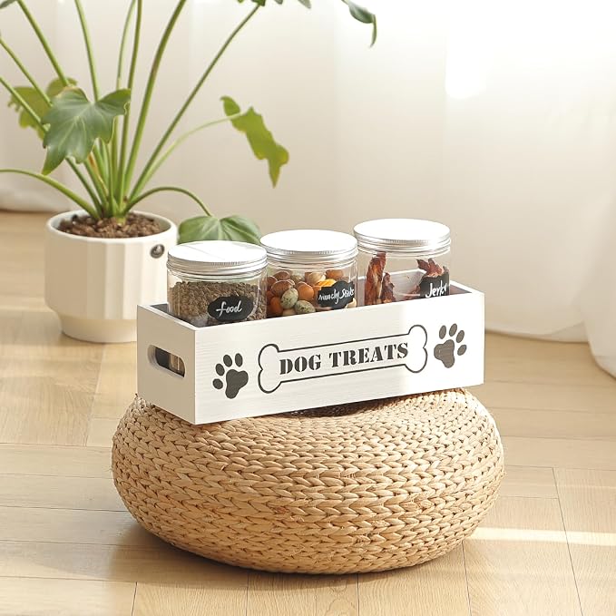 Dog Treat Container Pet Organizers and Storage with 3 Jars Doggie Snack Storage Cat Treat Holder for Countertop Dog Food Storage Cabinet Farmhouse Decor Gift with Reusable Sticker & Marker