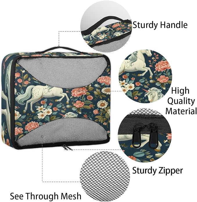 Floral Horse 4 Set Travel Packing Cubes for Accessories, Suitcase Organizers Luggage Bags Set with Double Zippers & Mesh Top