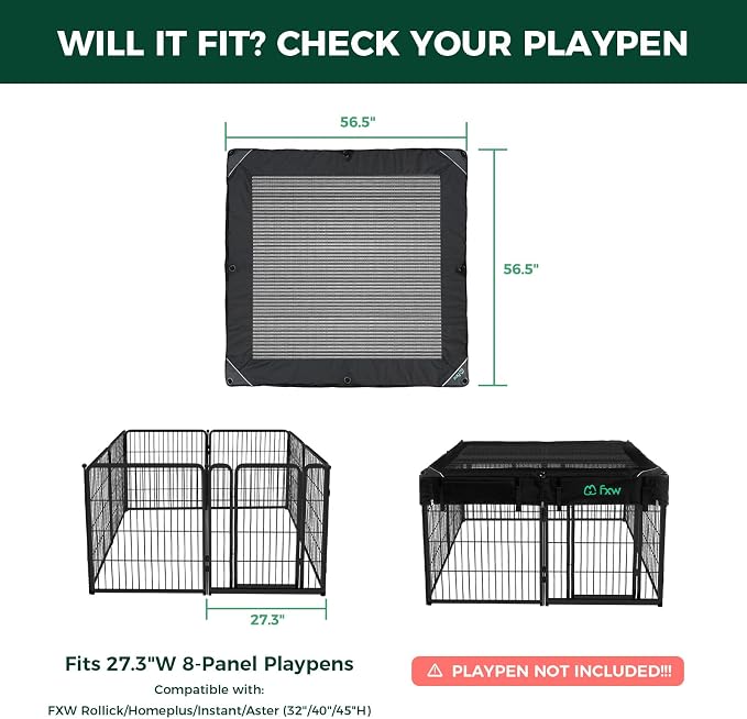FXW Mesh Top Cover for 32"/40"/45" H 8-Panel Dog Playpen, Square | Helps Deter Jump-Outs, Tear-Resistant, Quick Setup, Compact Storage, Fits FXW Only, Playpen Not Included