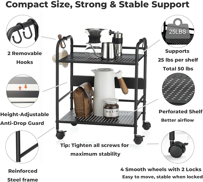 2-Tier Metal Rolling Cart, Compact Under Desk Storage Organizer | 12.2" clearance fits binders and tall bottles, compact mobile shelf with anti-drop guard for home or office. Black.