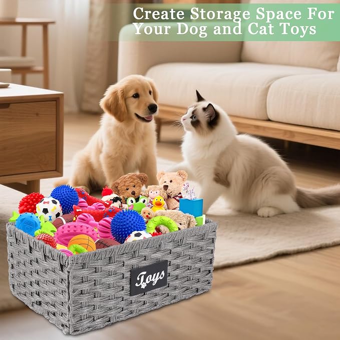 Dog Toy Basket Metal Frame Woven Rattan Foldable Bin, Dog Toy Storage Organizer for Living Room,Entryway,Toy Storage Organizer with Collapsible Rectangular Design,Pet Toy Basket for Dogs,Cats-Grey