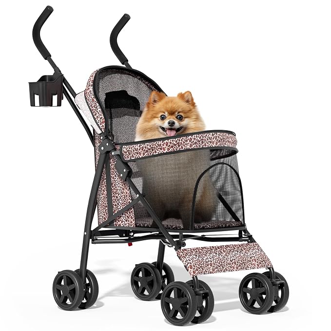 MoNiBloom Pet Stroller for Small/Medium Dogs and Cats, Leopard Print | Foladble 4 Wheels Easy-Fold Puppy Cage Jogger Stroller with Sun Cover, Pad and Rear Storage Bag, Breathable and Visible Mesh