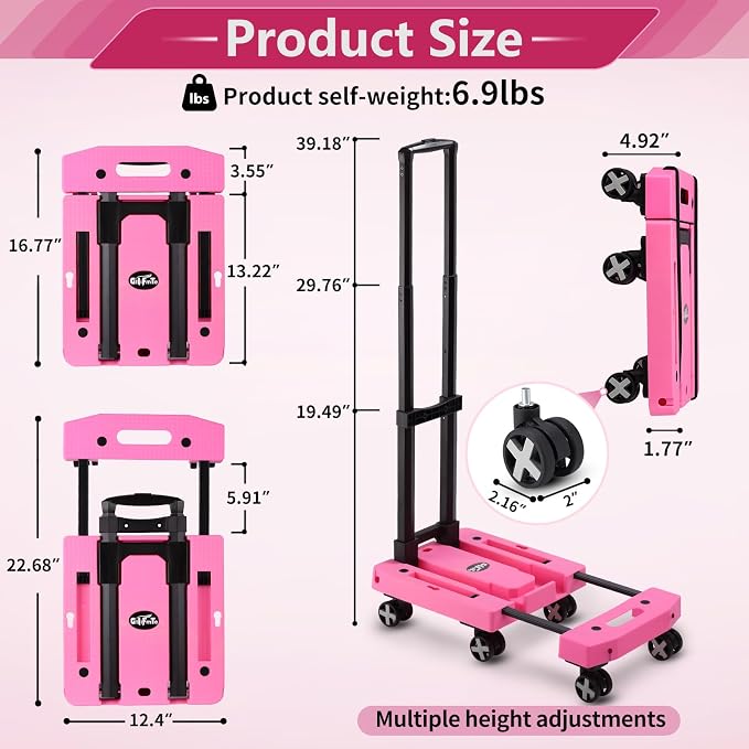 GtIiFmTe Foldable Hand Truck, Lightweight Luggage Cart for Airport Car Seat | Compact Folding dolly with Rotating swivel wheel,storage size12×15.7×4.1",300lbs Load,Upright Lock Handle with 3bungee cords