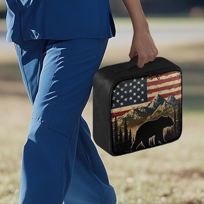 Rnyleeg American Flag Bear First Aid Storage Bag Medium First Aid Kit Empty Water Resistant Medical Kit for Home Travel Camping Easy to Use and Clean