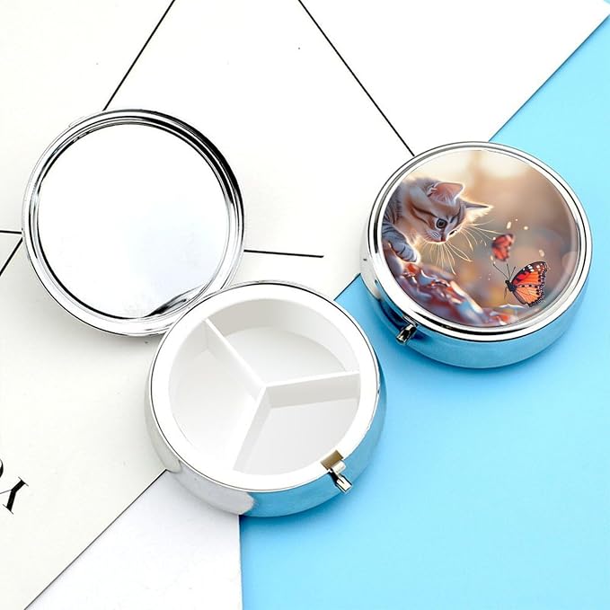 Kitten with Butterfly Metal Round Pill Box, 3 Compartment Travel Organizer, Portable Pill Container with Secure Latch, 2 Inch Circular Vitamin Caddy for Pills and Vitamins, Gift for Him Her Elderly
