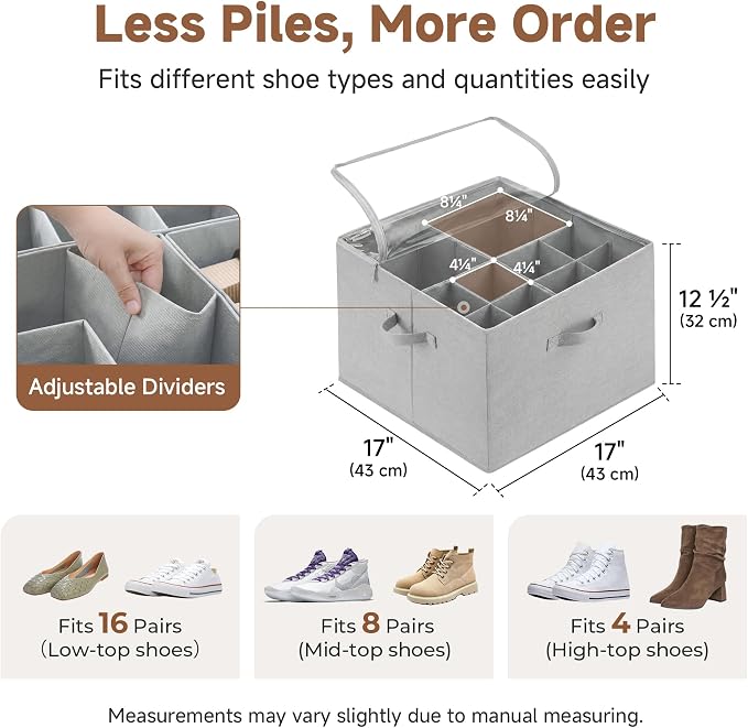 StorageWorks 2-Pack 32-Pair Shoes Organizer with Adjustable Dividers, Grey | Holds up to 16 Pairs Each, Foldable, Clear Lid, Reinforced Handles, Fits Sneakers, Sandals & Flats, For Closet, Entryway