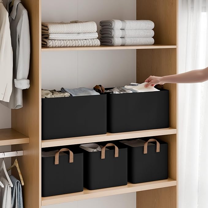 StorageWorks Fabric Storage Bins, Linen Closet Organizers, Black, 2-Pack | 45L, With Reinforced PU Handles, Metal Frame, Collapsible, Storage Basket for Shelves, Closet, Holds Clothes, Towels, Blanket