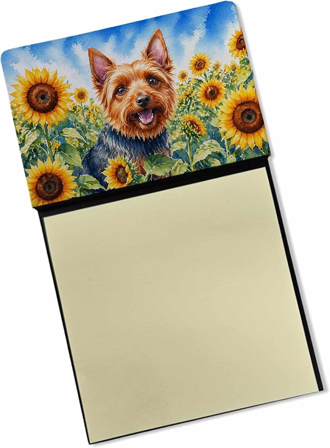 Caroline's Treasures Australian Terrier in Sunflowers Watercolor Sticky Note Holder Refillable Dispenser Desk Accessory 3x3 Pad Gift