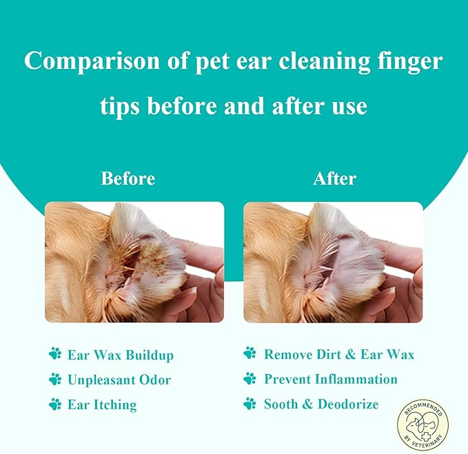 Dog & Cat Ear Cleaner Finger Wipes, Vet‑Recommended for Dog Ear Infection Relief, Itching & Inflammation, Remove Wax Dirt, Stop Smelly, Non‑Irritating, 50ct (Coconut Scent)