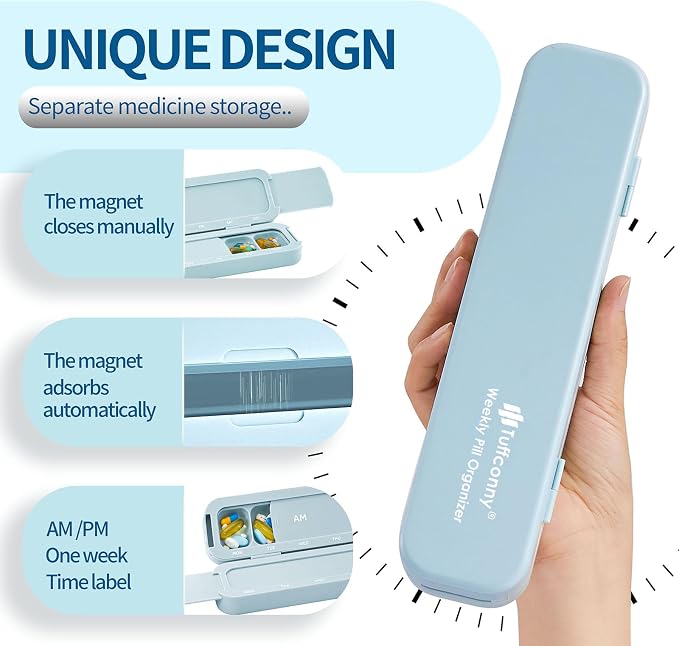 Weekly Pill Organizer - Travel Medicine Organizer, Pill Boxes and Organizer 2 Times a Day, 7 Day Pretty Pill Case, Pill Holder for Vitamins, Medicines and Tablets (Pastel Blue)