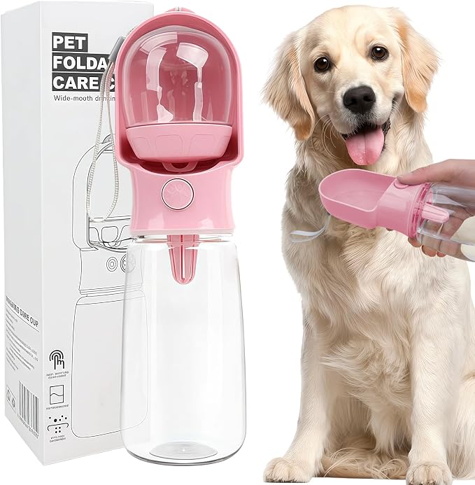 Pink Large Portable Dog Water Bottle with Food Container | Travel Dog Water Bowl(500ml),Food Container(180ml),Leak-Proof,2-in-1 Pet Essential Outdoor Supplies for Walks Hikes Campsites