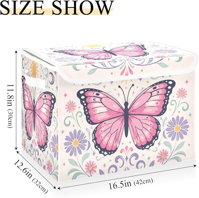 Butterfly Floral Fabric Storage Bins with Lid Foldable Storage Boxes 40L | Decorative Storage Boxes, Foldable & Stackable, Dust-Proof Flip Top, Reinforced Handles, For Home & Dorm, Clothes & Toy Box