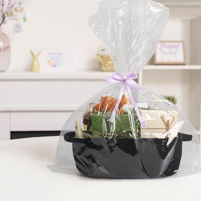 Black Woven Basket, 13” x 9” x 5” Cute Dog Toy Basket, Soft Cotton Rope Storage Box, Cat Toy Bin, Baskets for Gifts Empty, Small Baskets for Organizing, Decorative Basket