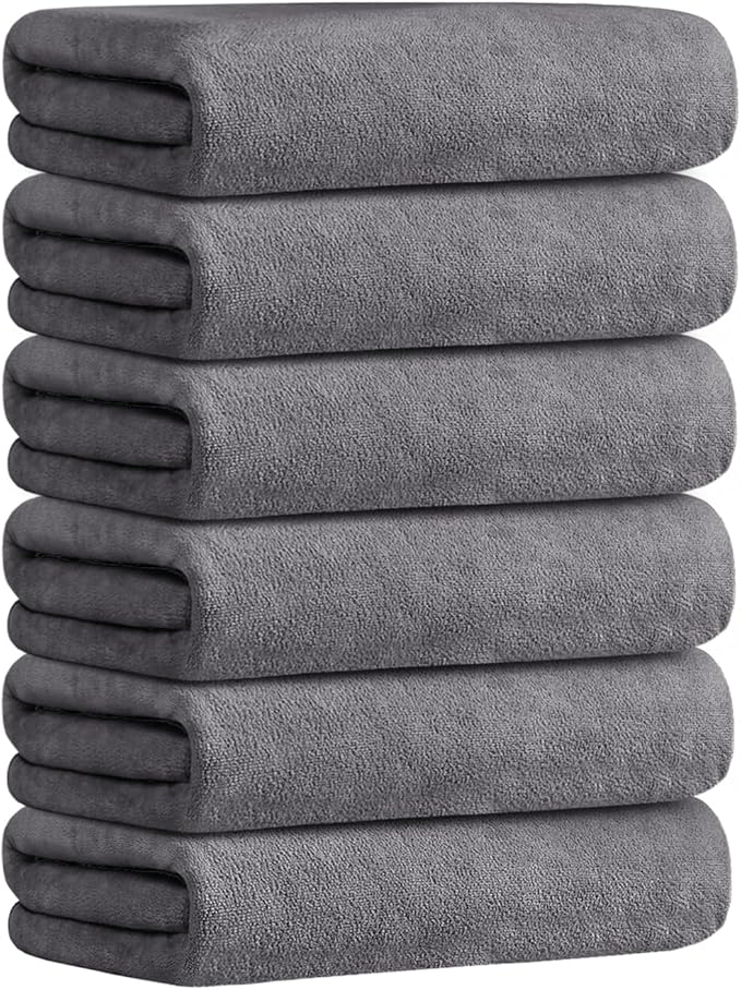 JML Bath Towels Set 6 Pack (30" x 60") - Extra Large Microfiber Bathroom Towel, Absorbent, Quick Drying for Adult, Swim, Gym, Spa, Fitness, Sports, Yoga, Grey