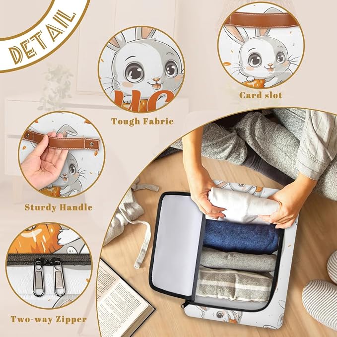 Custom Cute Rabbit Storage-Bin With Zipper Lid for Kids-Girls-Boys-Baby-Pet,Personalized Name Foldable Storage Box with Handle,Baby Basket With Label for Bedroom Nursery Toy Clothes