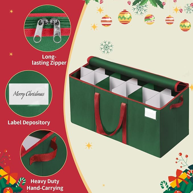EverMerry Nutcracker and Figurine Collectibles Storage Box， Large Ornament Storage Organizer Stores Up to 12 Holiday Figurines-Carolers, Santa Figure, or Nut Cracker Ornaments (Green/15 Inches)