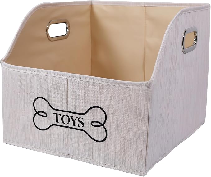 Foldable Dog Toy Basket-Dog Toys Bin-Dog Toy box-Storage Basket with Handle,Organizer Bin for Pet Toys, Blanket, Shelves, Closet-Beige