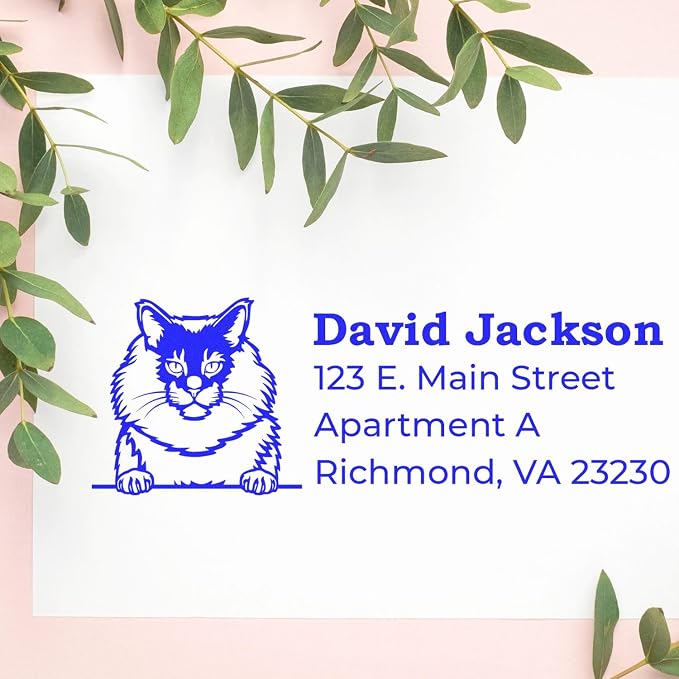 Peeking Maine Coon Cat Address Stamp Self-Inking - Clear Impressions | Laser-cut. Address Stamp for Maine Coon Cat Moms. Personalised Address Stamp for Animal Lovers. 4 lines. 4 case colors.