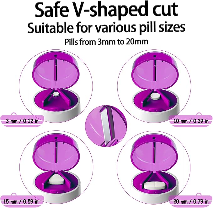 Pill Cutter Splitter for Small and Tiny Pills Vitamins Tablets, Built-in Storage Compartment, Pill Crusher Fine Powder with Stainless Steel Grinding Head,Pills Grinder with Pill Box Organizer (Purple)
