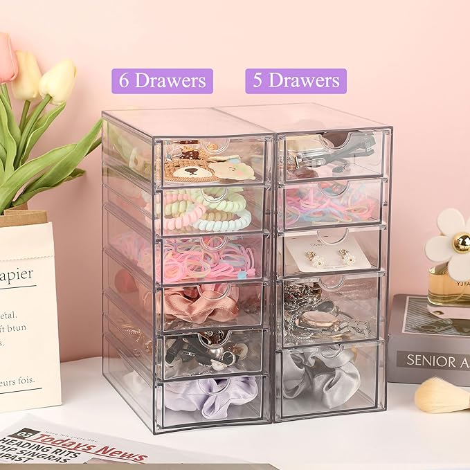 Hipiwe Plastic Drawer Organizer Desktop Storage Box with 6 Pull Out Drawers | Drawers Box for Bathroom, Dresser, Cosmetic Hair Tie Container for Women