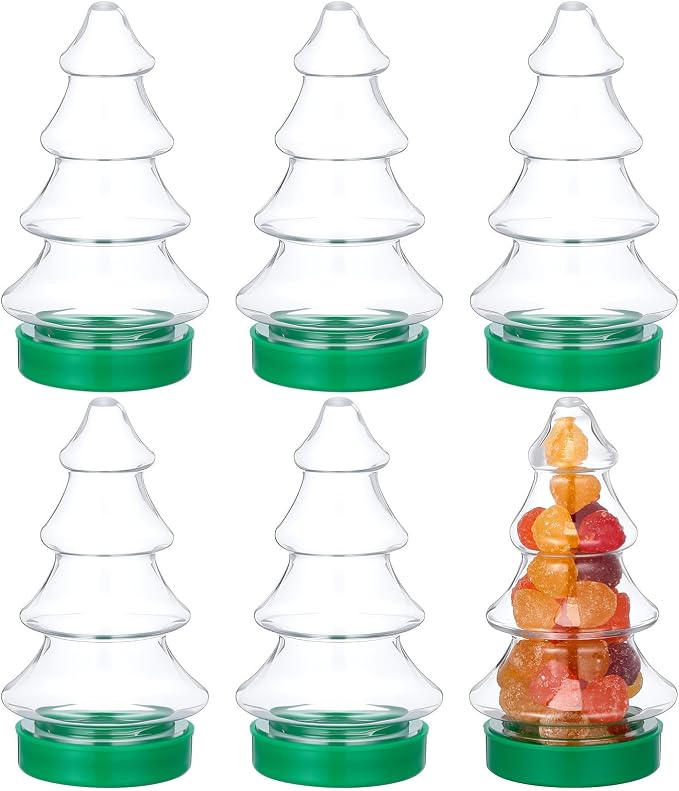 6pcs Christmas Tree Candy Jar Set, Pet Plastic Candy Storage Bottles with Lightweight Xmas Tree Shape, for Christmas Holiday Party Favors and Wedding Decorations