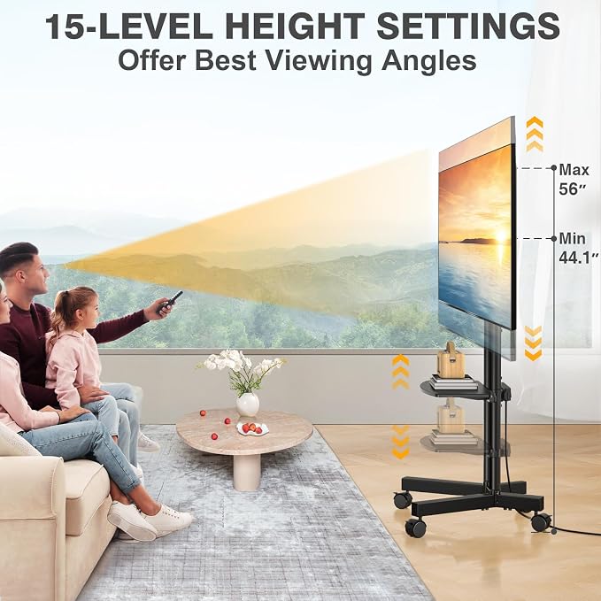 Rolling TV Stand with Power Outlet for 32-75 Inch TVs up to 88 lbs | Portable TV Stand on Wheels and Height Adjustment, Outdoor TV Stand with Shelf for Bedroom, Office, Max VESA 400x400mm