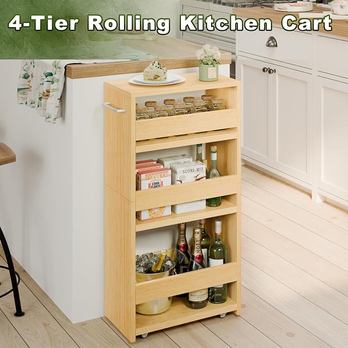 MARTY Slim Rolling Storage Cart, Wood Utility Kitchen Bathroom Laundry Cart | 4 Tier Kitchen Cart with Wheels Handle, Laundry Room Organization Between Washer and Dryer, Narrow Storage Cabinet, 8” Wide
