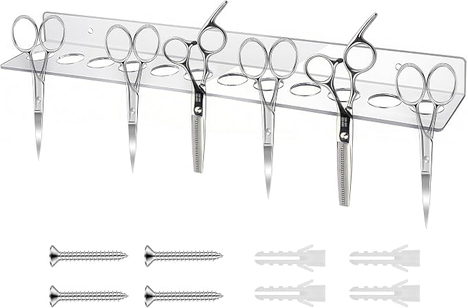 12 Slots Wall Mounted Scissor Holder, Acrylic Shear Holder for Stylist | Clear Hair Tools Organizer with Hanging Screws for Barber Dog Grooming Hairdresser