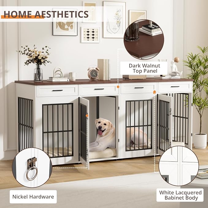 VOWNER 87" Dog Crate Furniture for 2 Dogs, Double Dog Cage Furniture, White | Extra Large Wooden Dog Kennel with 4 Drawer, Removable Divider, Furniture-Style TV Stand, XXL Dog Crate for Large Medium Dogs