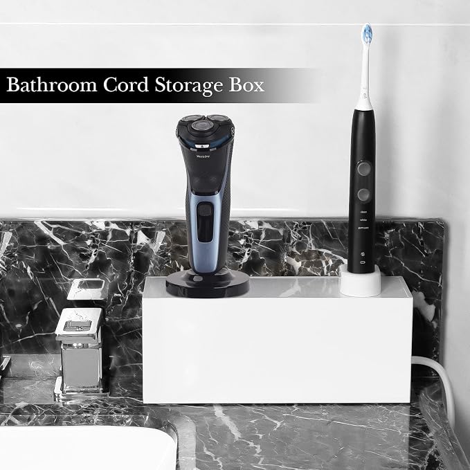 Linkidea Acrylic Cable Organizer Box for Bathroom Countertop, Cord Management for Electric Toothbrush & Razor Chargers, Fits 1-2 Small Charging Heads Only (White)