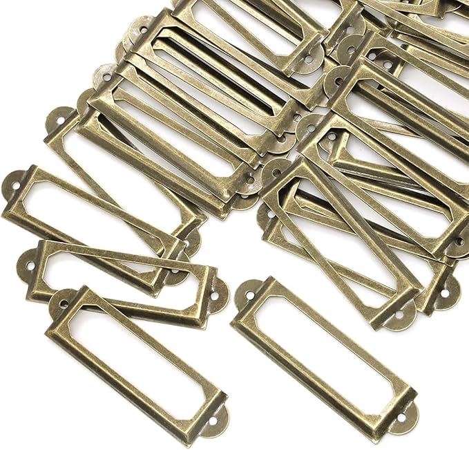 50 Pcs Label Holders Library File Drawer Tags Label Holder Metal Frame Name Card Frame for Drawer Cabinet (Bronze)