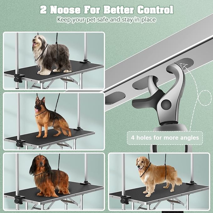 36'' Stainless Steel Pet Dog Grooming Table, Arm/Noose/Tray, Black | Foldable Dog Grooming Table for Dogs at Home, Adjustable Height Arm, Non-Slip Waterproof Tabletop, Capacity 330Lb