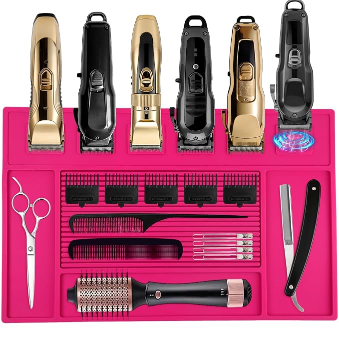 Magnetic Barber Mat for Clippers, Station Organizer with 6 Magnets | Silicone Material, Anti-Slip Surface, Heat-Resistant, Waterproof, Easy Clean, Tool Slots Design, For Barbershop & Salon, Rose