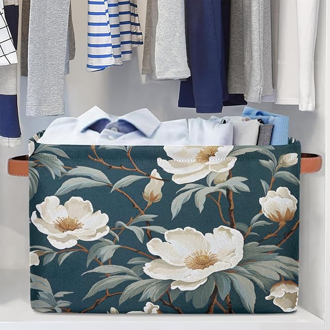 White Rose Leaves Rectangular Storage Bin Collapsible Storage Basket Organizer Boxes with Leather Handle Storage Cube for Shelves Toy Laundry Nursery 1 PC