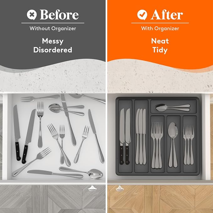 Lifewit Silverware Organizer with Lid, Covered Utensil Tray, 12.6x11.8 | Plastic Cutlery Storage Box for Kitchen Drawer and Countertop, Flatware Case Holder for Spoons Forks Knives, Black