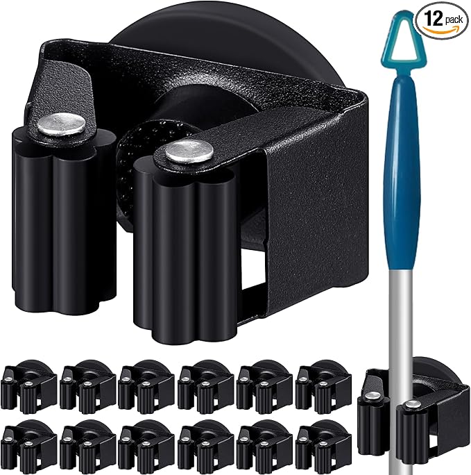 Vercraft 12 Pcs Magnetic Broom Holder Wall Mounted Anti Slip Rack,Black | Movable Magnetic Organizer for Mops Brooms, Dual Roller Grip, Wall Storage for Garage Kitchen Laundry Garden Tools