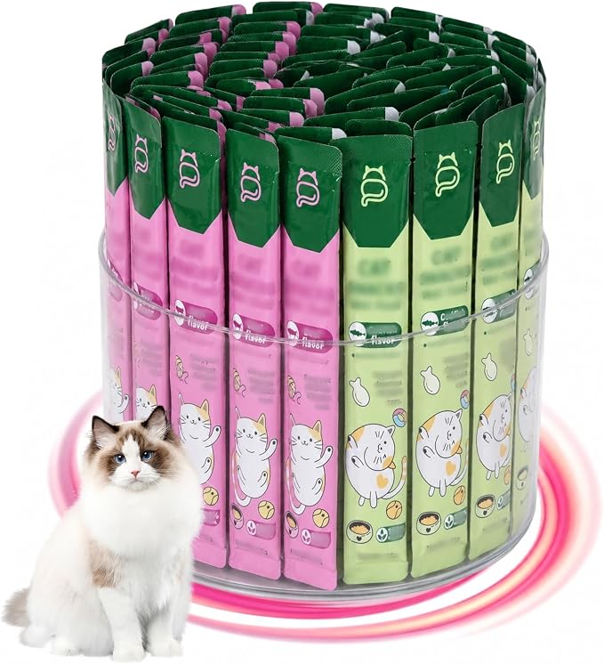 Lickable Cat Treats Organizer, Lazy Susan Acrylic Squeeze Up Cat Treats Storage Organizer with 4 Compartments, Wet Cat Treats Storage for Kitchen Cabinet Pantry Shelf Countertop