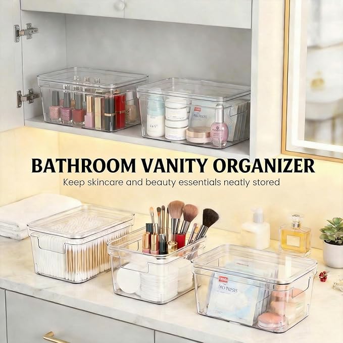 MOONEDGE 2 Pack 10x6x5 Stackable Small Clear Storage Bins with Lids | Plastic small item organizer containers with handles for vanity, craft, office, fridge, kitchen, pantry, bathroom and closet