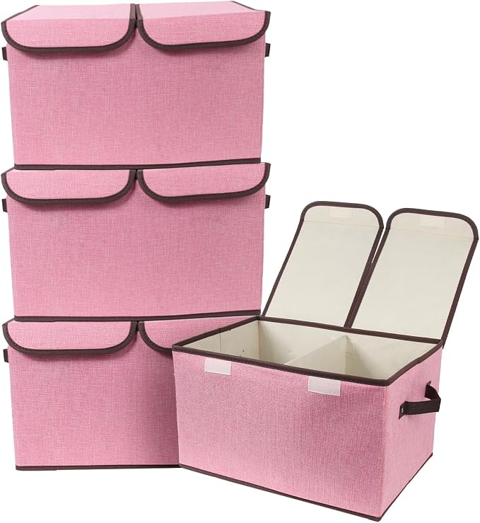 Foldable Fabric Storage Box, 16.5 x 11.8 x 9.8 inches (L x W x H), with Double-Lid & Dividers, Large Organizer for Home, Closet, Office(Pink, 4 Packs)