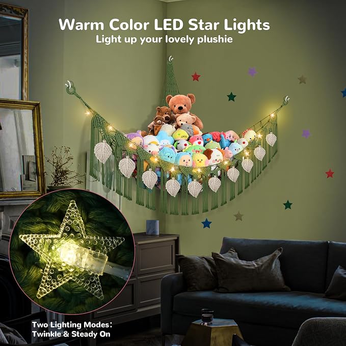 82.7x59x59 Inch Jumbo Stuffed Animal Storage Hammock Corner Toy Net, Green | Macrame Cream Leaf Stuffed Animal Net Organizer for Stuffy Plushie, Boho Handcrafted Plushies Storage Holder w/Star Lights