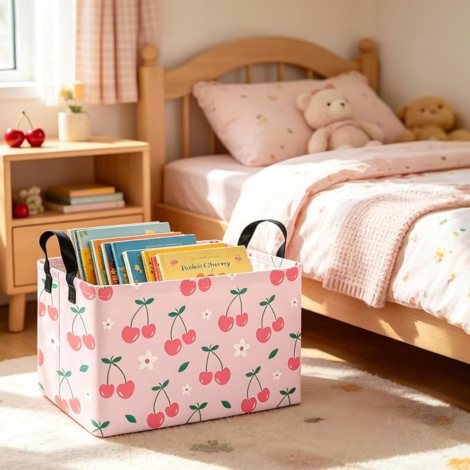 Rectangular Cherry Storage Basket Fabric Hamper | Gifts Bag for Books,Clothes,Gifts,Pets-Perfect for Home,Office,Nursery,Dorm,Shelf