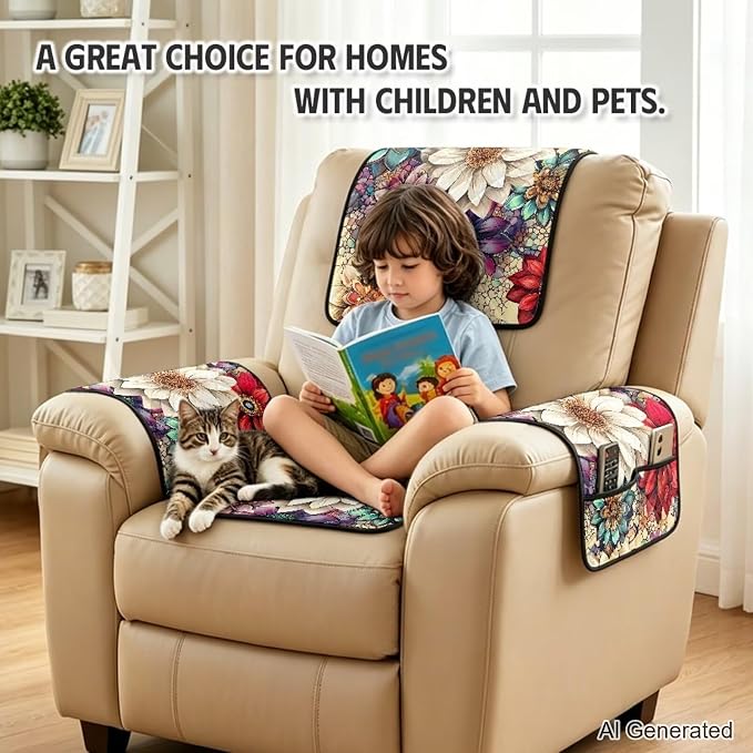 Boho Flower Recliner Chair Covers 4 Piece Non Slip | Quilted Recliner Covers Waterproof Lazy Boy Chair Covers with Arms Pet Friendly Washable Recliner Cover for Sofa Armchair